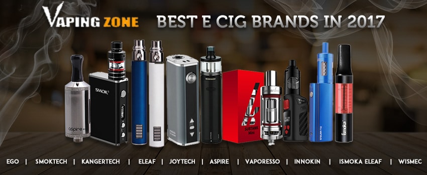 différentes marques de cigarettes électroniques sur une table avec des flacons de e-liquide
