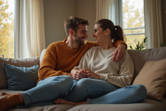 Couple marié souriant dans leur salon chaleureux