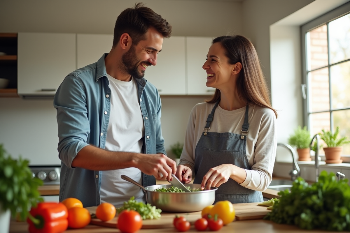 Couple cuisinant ensemble dans une cuisine lumineuse