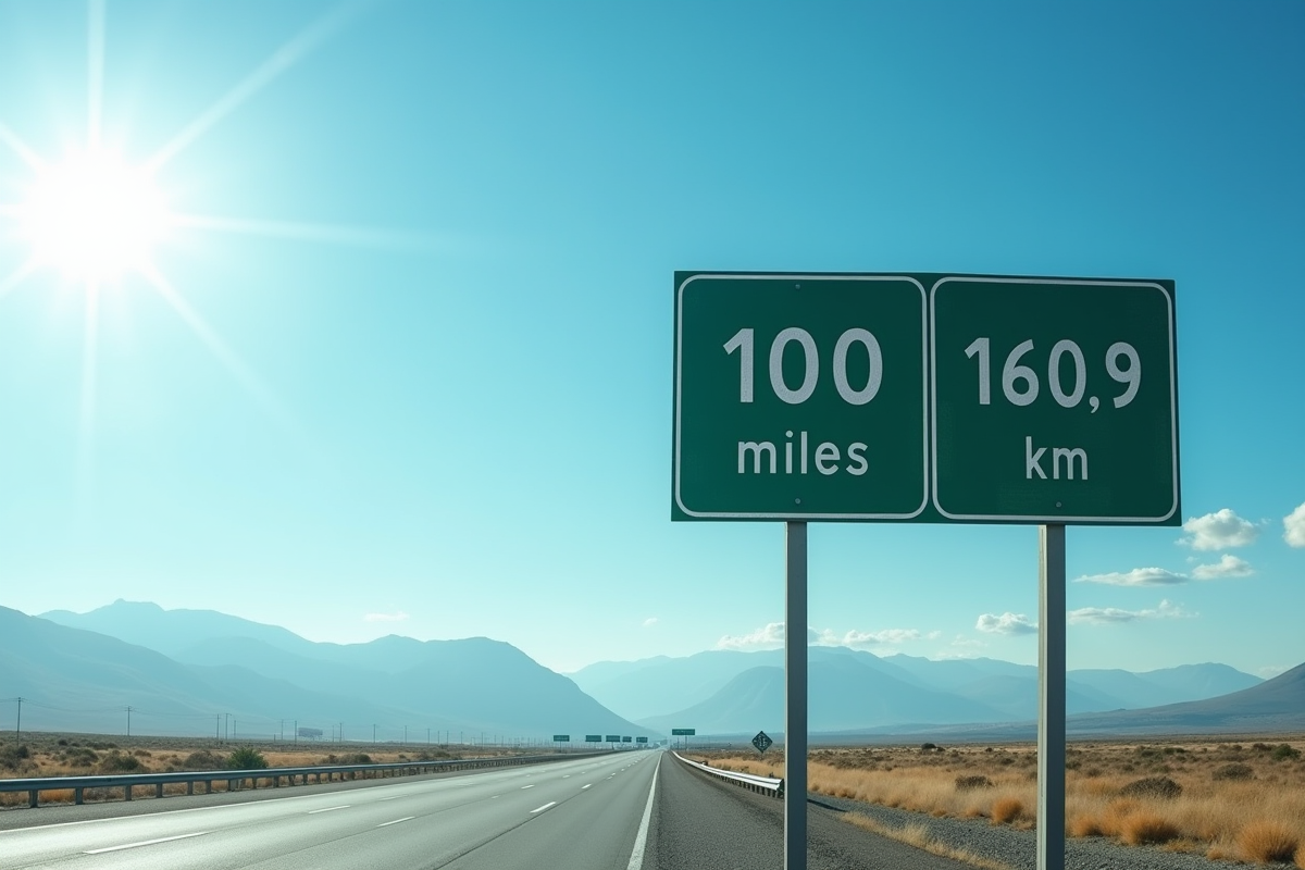 Panneau routier montrant 100 miles et 160,9 km sous un ciel bleu