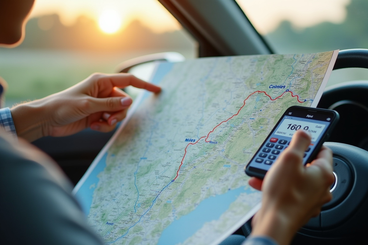 Personne tenant une carte routière indiquant 100 miles