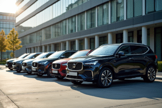 Plusieurs voitures modernes de marques variées devant un bâtiment urbain