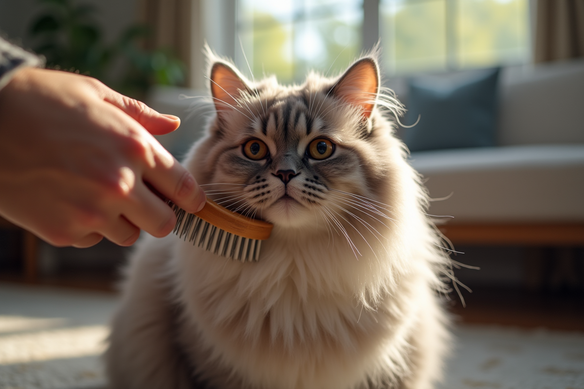 Chat persan chinchilla being brushed dans un salon cosy