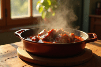 Ragoût de boeuf en cocotte en fonte rustique