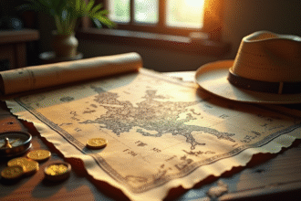 Carte au trésor déployée sur une table en bois avec boussole et pièces d'or