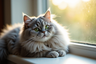 Chat persan chinchilla relaxant sur une fenêtre ensoleillée