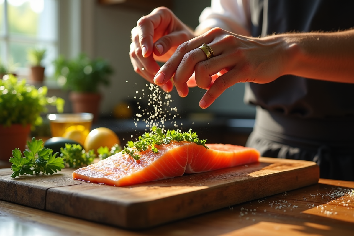 Chef assaisonnant un filet de poisson frais sur une planche en bois