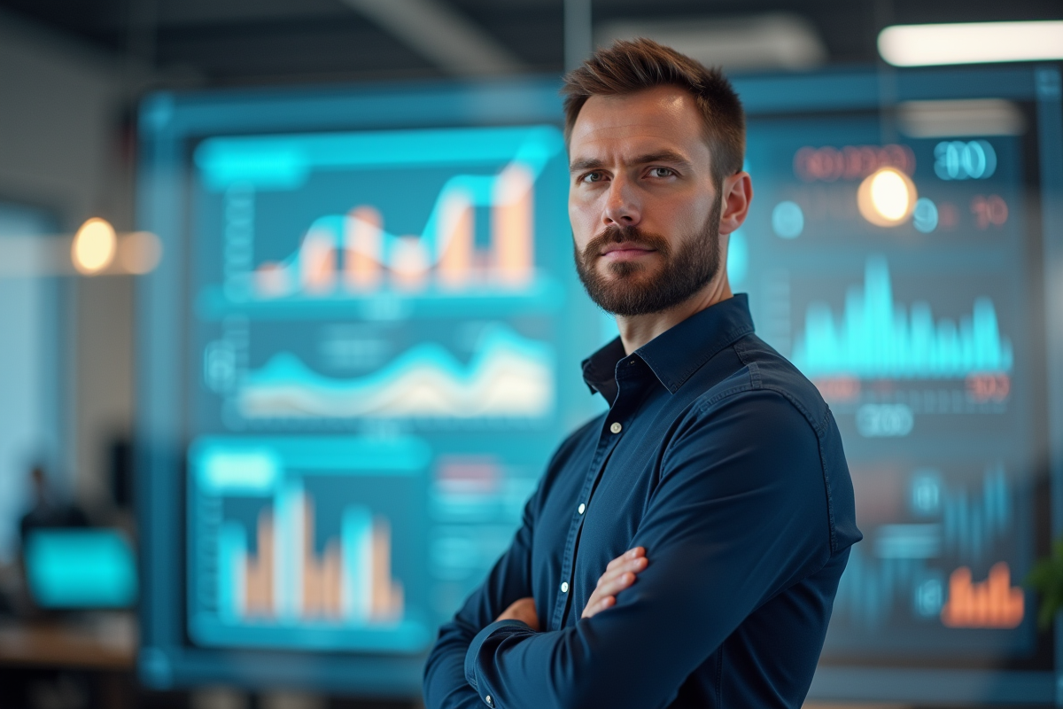 Chef de projet devant un tableau digital avec graphiques et timelines