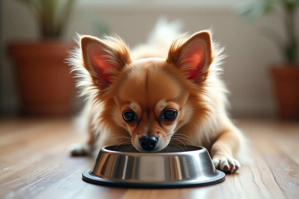 Chihuahua mangeant dans un bol en acier sur le sol en bois