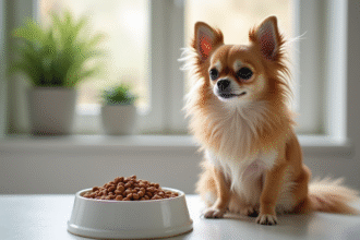 Chihuahua à poil long près d'un bol blanc de nourriture