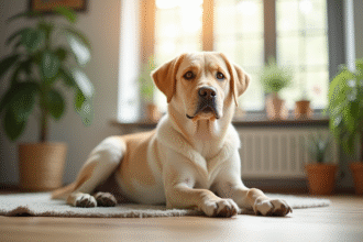 Petit chien labrador dans un salon lumineux et moderne