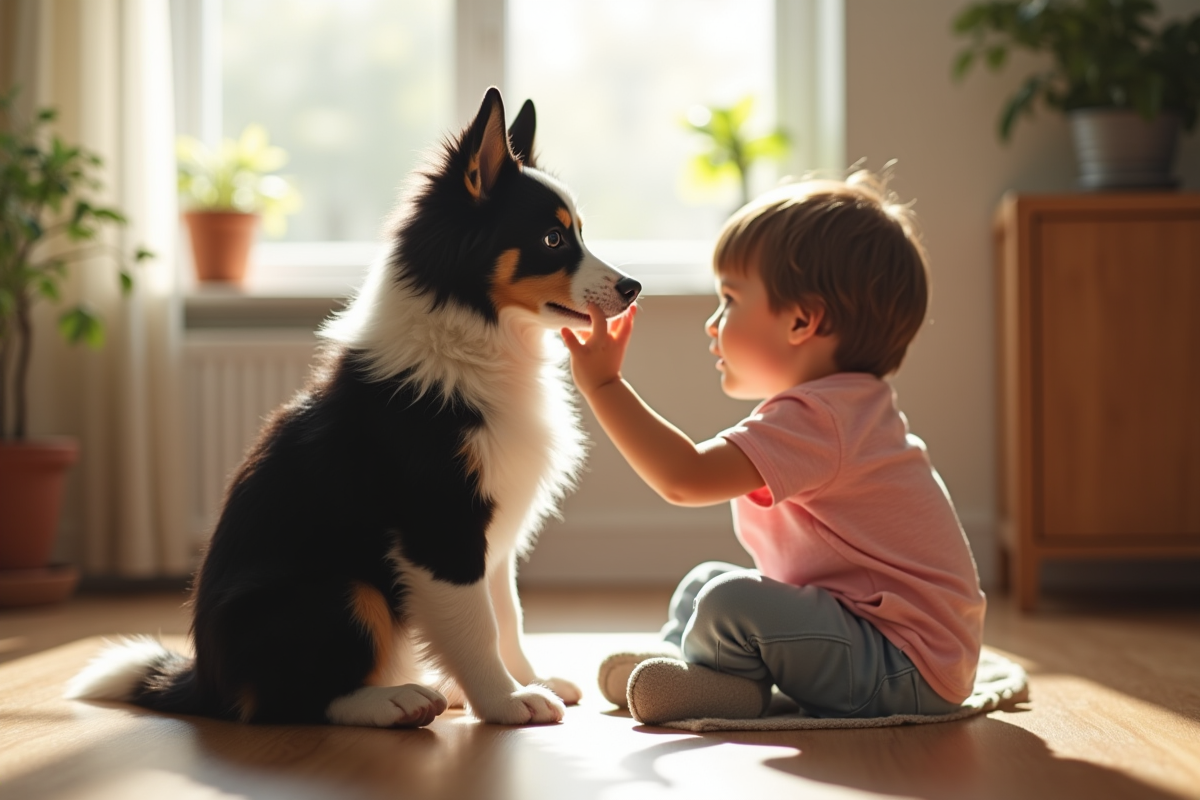 Chiot border collie en entraînement avec un enfant à la maison