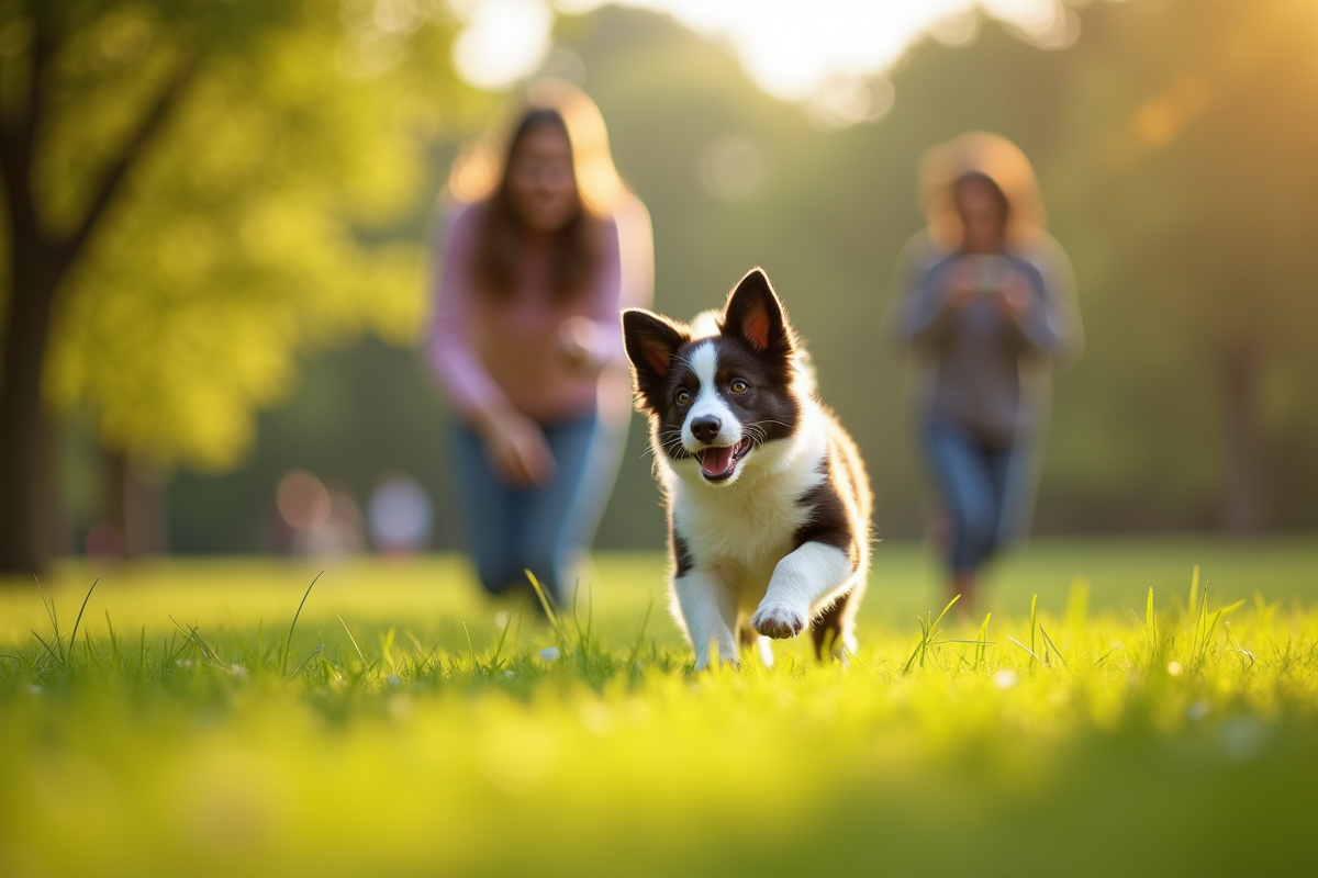 Chiot border collie jouant dans un parc ensoleille