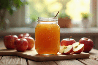 Confiture de pommes fraîche dans un pot en verre sur une table en bois