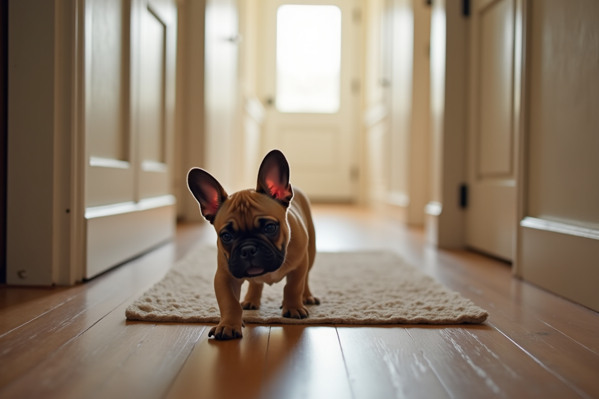 Chiot bulldog français explore un couloir avec tapis antidérapants