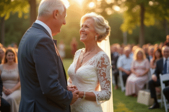 Couple âgé souriant lors d'une cérémonie en extérieur