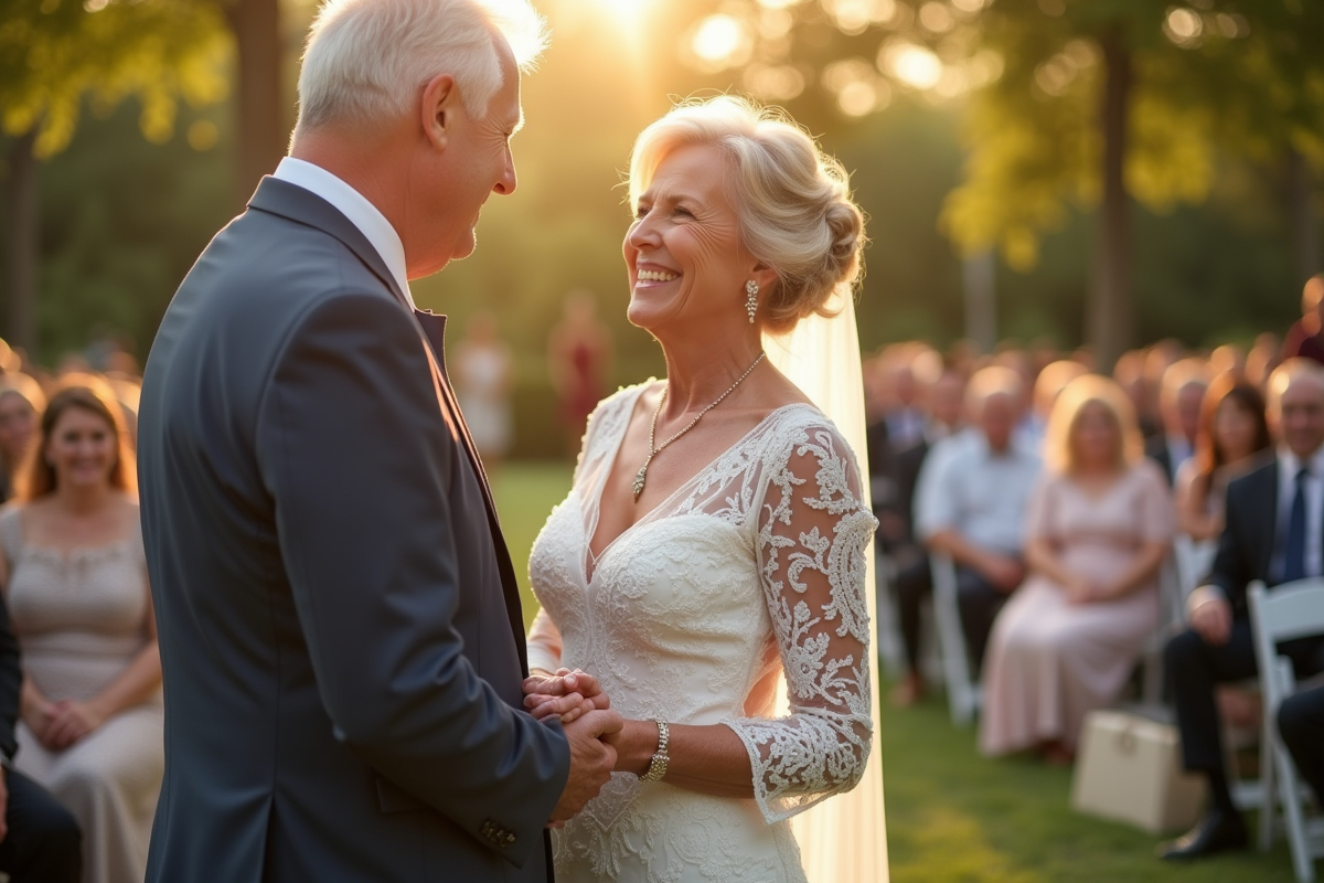 Couple âgé souriant lors d'une cérémonie en extérieur