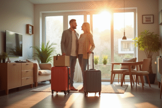 Couple souriant avec bagages dans un salon lumineux Airbnb