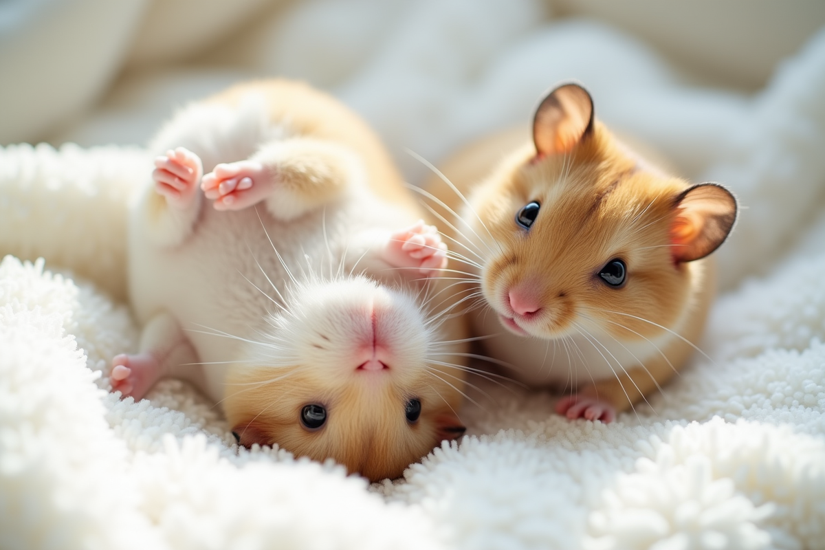 Deux hamsters sur litière blanche avec lumière naturelle