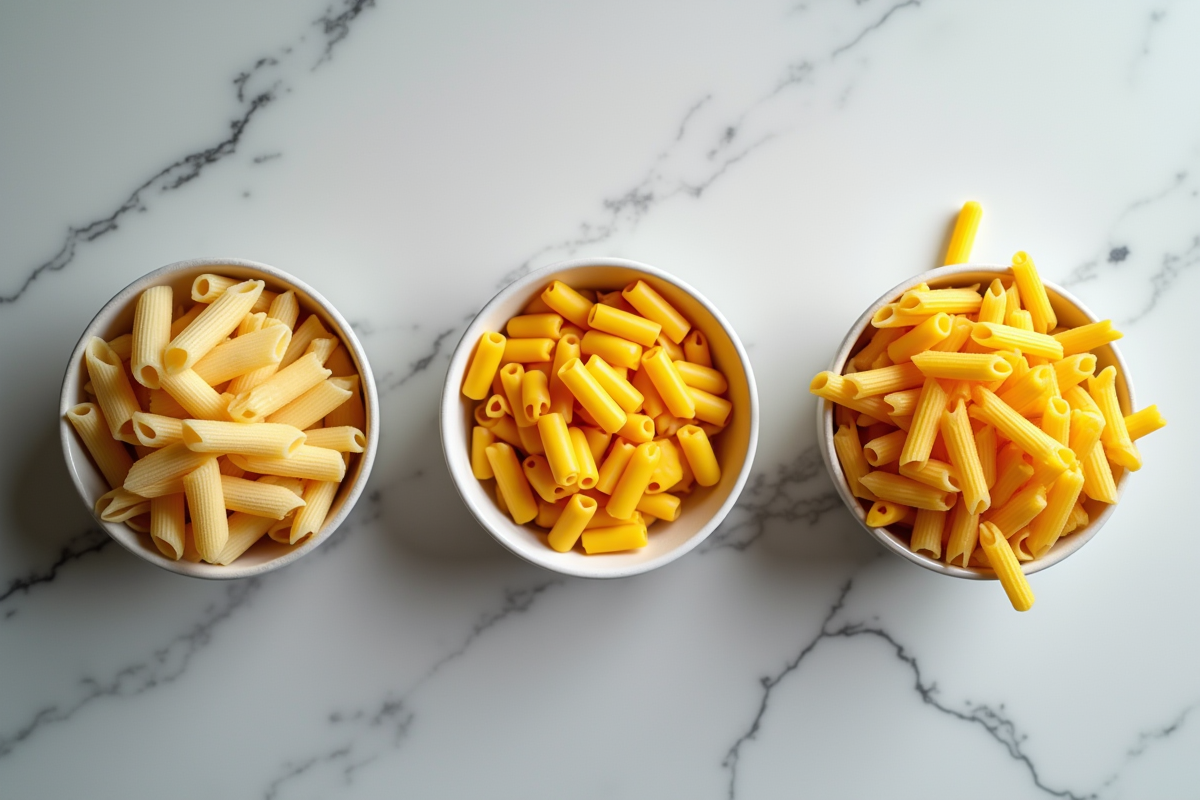 Différents types de pâtes en portions sur un plan de travail en marbre