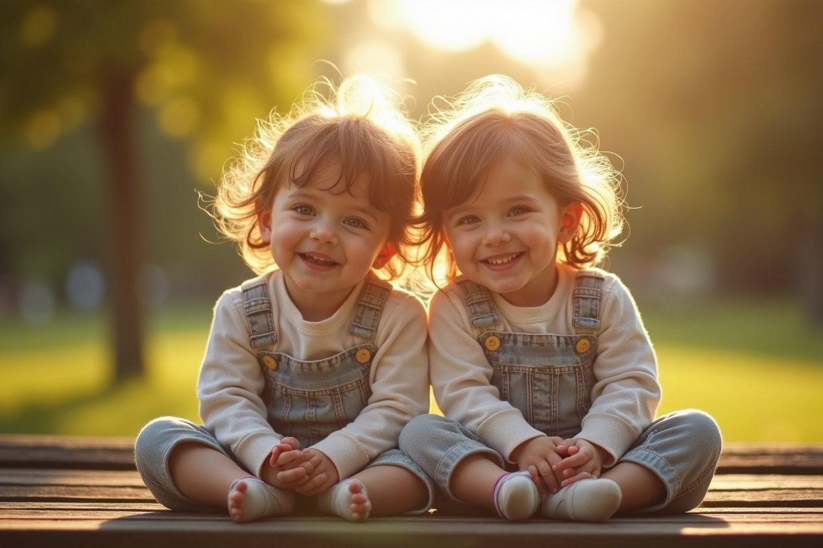 Enfants jumeaux conjoins souriants dans un parc en plein soleil