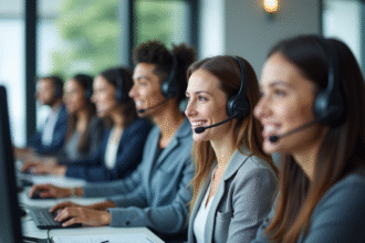 Équipe de centres d'appel professionnels au bureau lumineux
