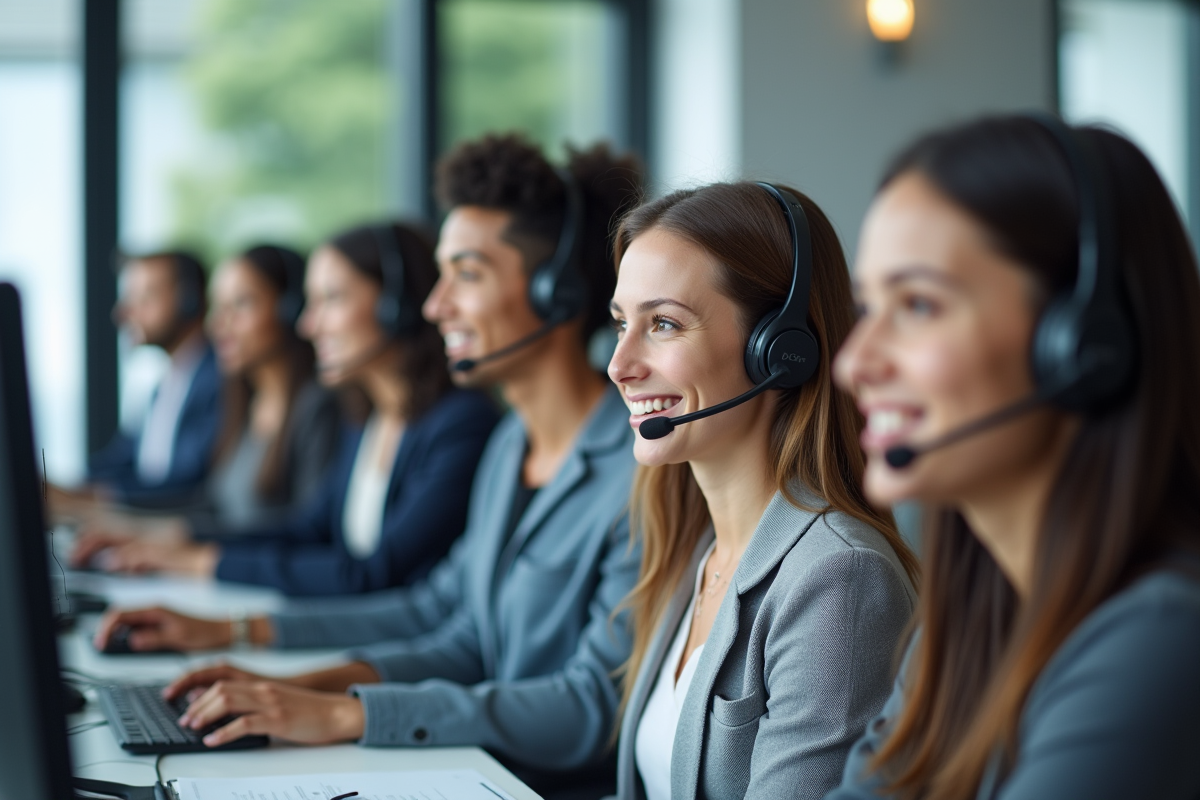 Équipe de centres d'appel professionnels au bureau lumineux