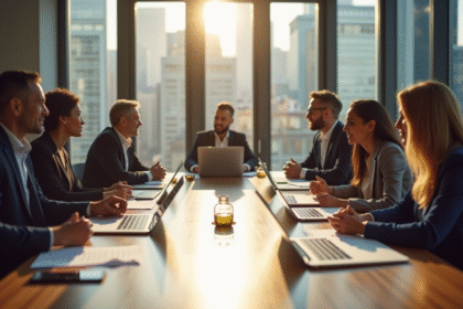 Groupe de professionnels en réunion dans un bureau moderne