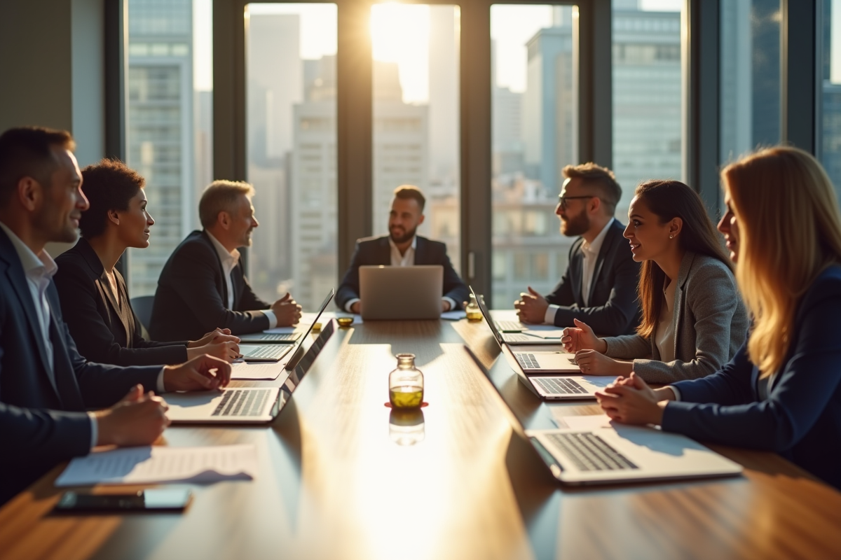 Groupe de professionnels en réunion dans un bureau moderne