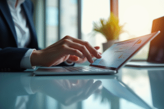 Professionnel travaillant sur une tablette dans un espace lumineux