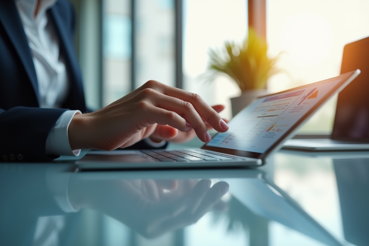 Professionnel travaillant sur une tablette dans un espace lumineux