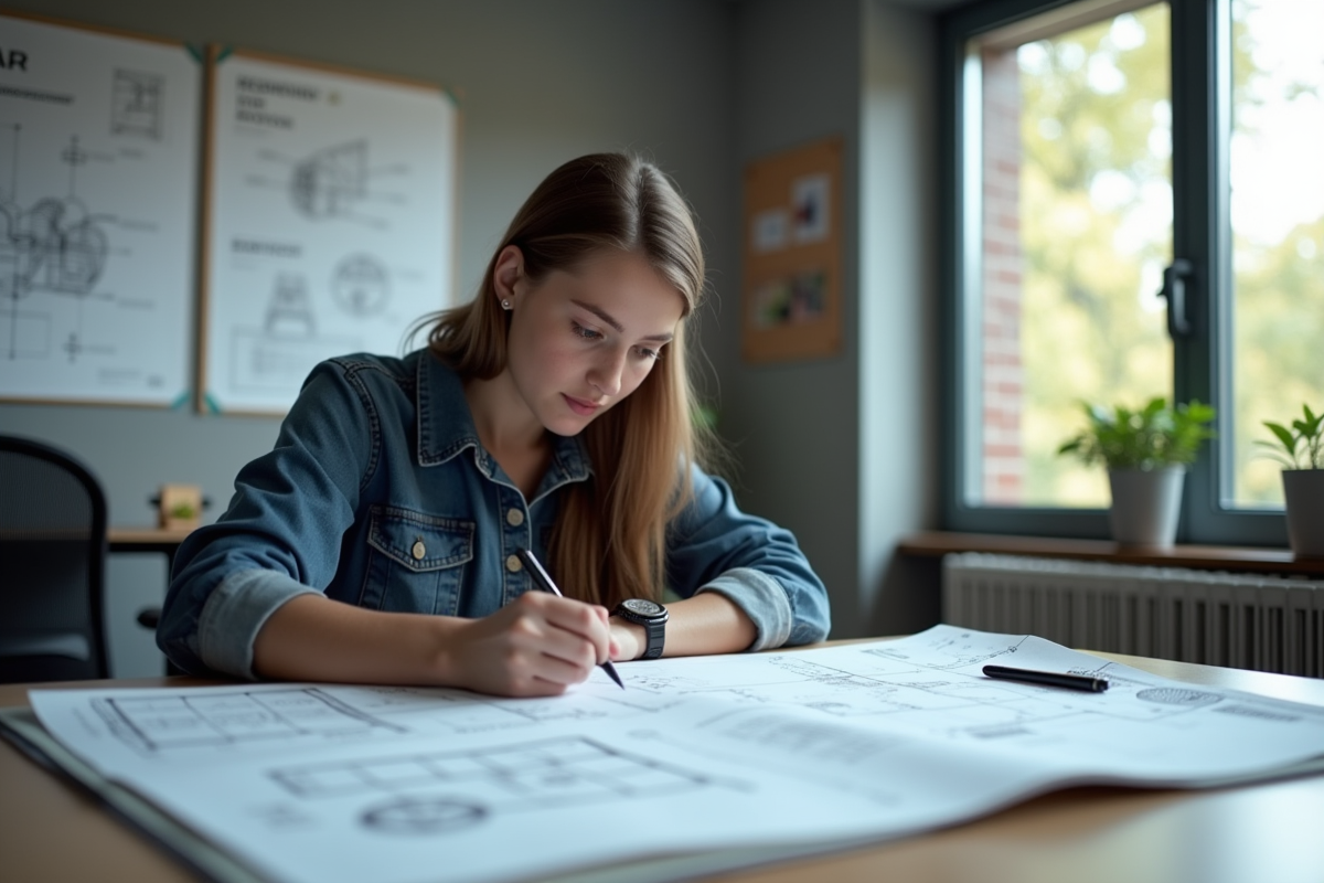 Étudiant concentré examinant des plans d