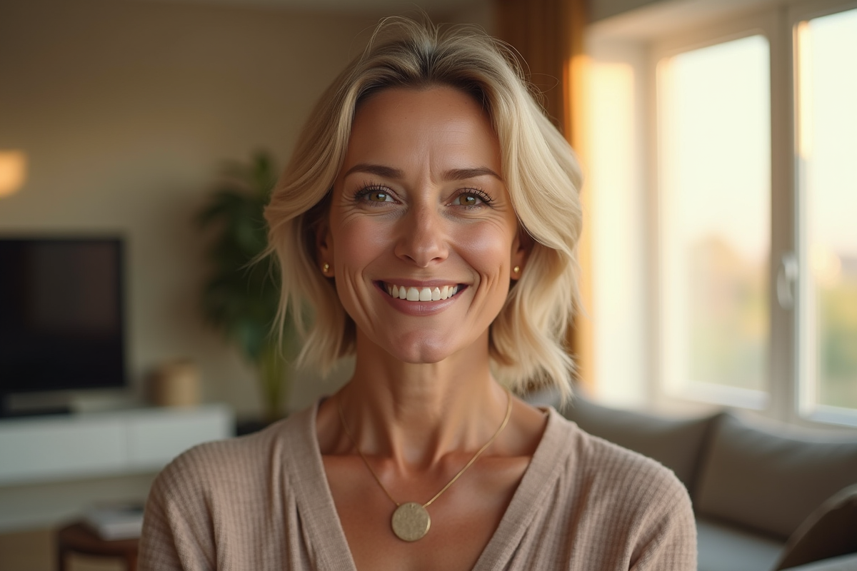 Femme confiante souriante dans un salon moderne lumineux