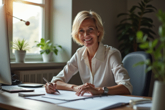 Femme confiante blonde souriante au bureau moderne