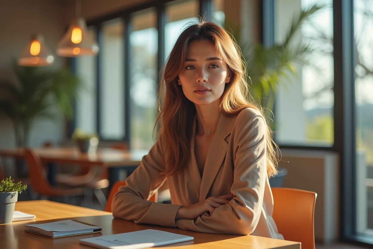 Femme assise dans un salon lumineux et moderne