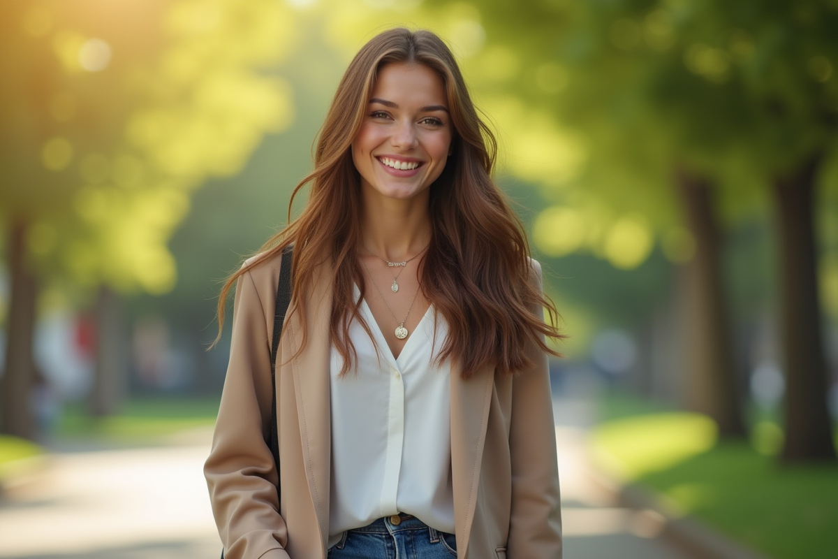 Jeune femme souriante se promenant dans un parc ensoleille
