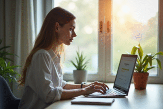 Femme travaillant sur son ordinateur pour créer un compte en ligne