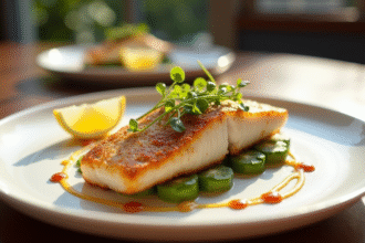Filet de poisson cuit avec peau croustillante et microgreens