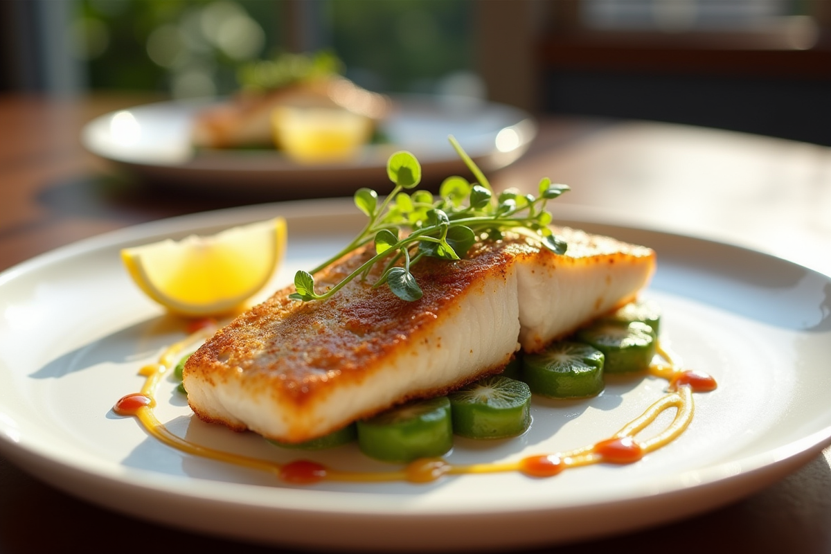 Filet de poisson cuit avec peau croustillante et microgreens