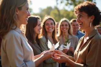 Groupe divers d'amis avec colombes et branches d'olivier