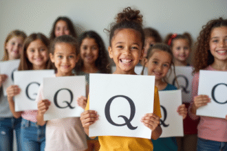 Groupe d'enfants et adultes souriants avec cartes nommées Q