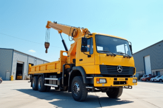 Camion grue jaune utilisé dans une cour industrielle en plein soleil