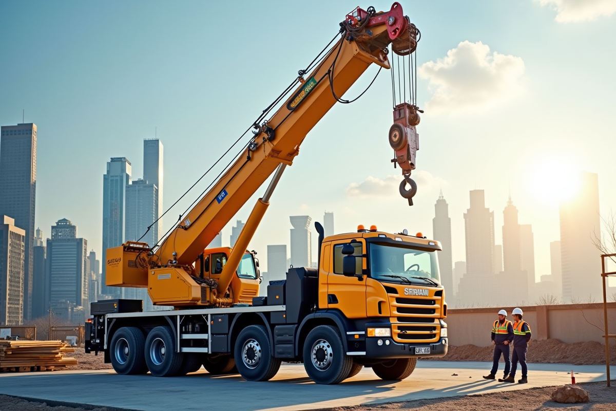 Grue camion de 10 tonnes soulevant des matériaux de construction sur un chantier