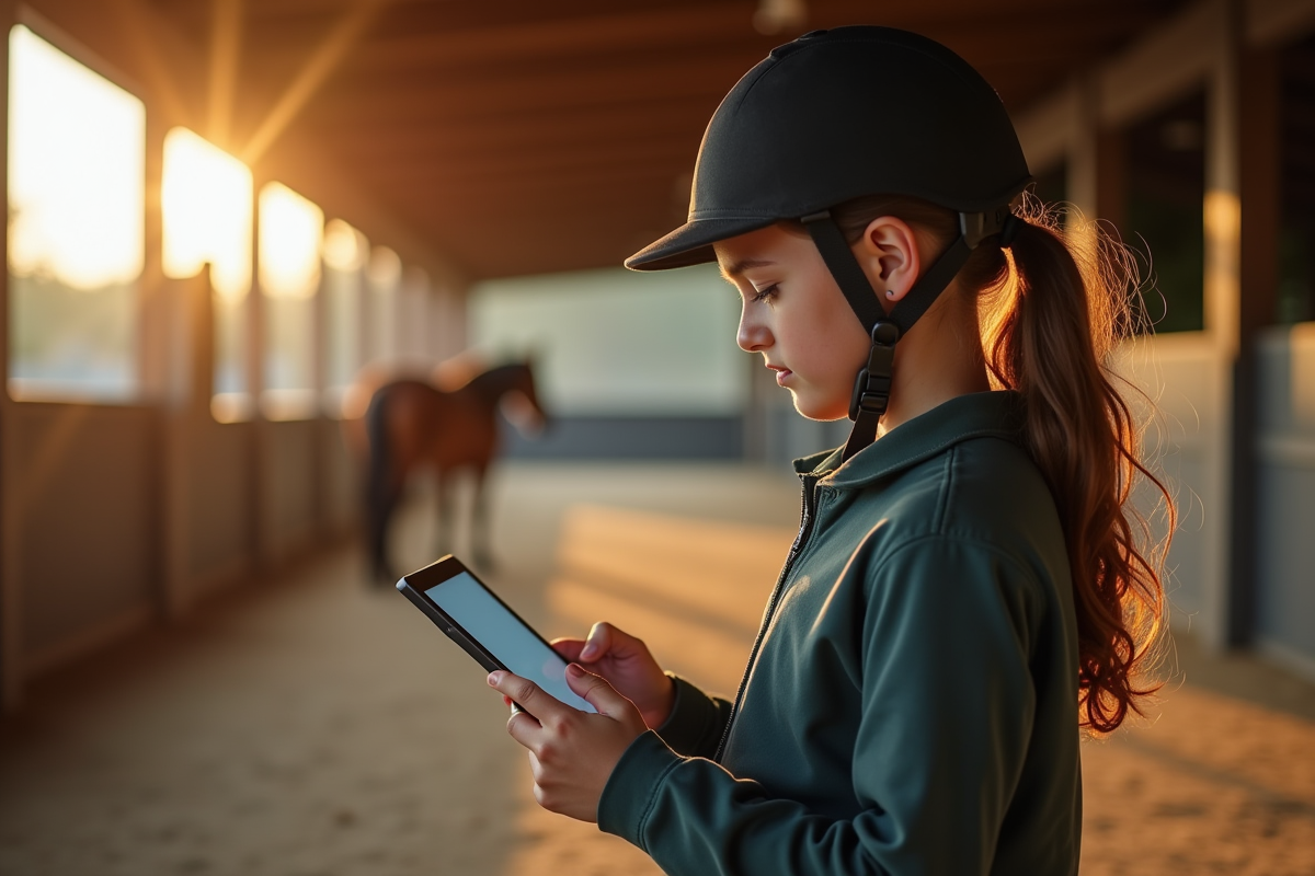 Jeune cavalier utilisant une tablette dans un manège ensoleille