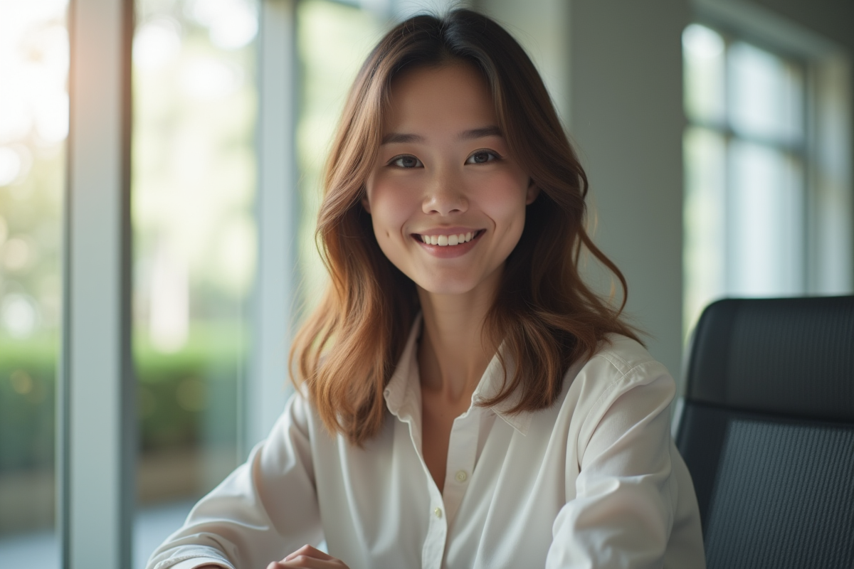 Jeune femme confiante au bureau avec lumière naturelle