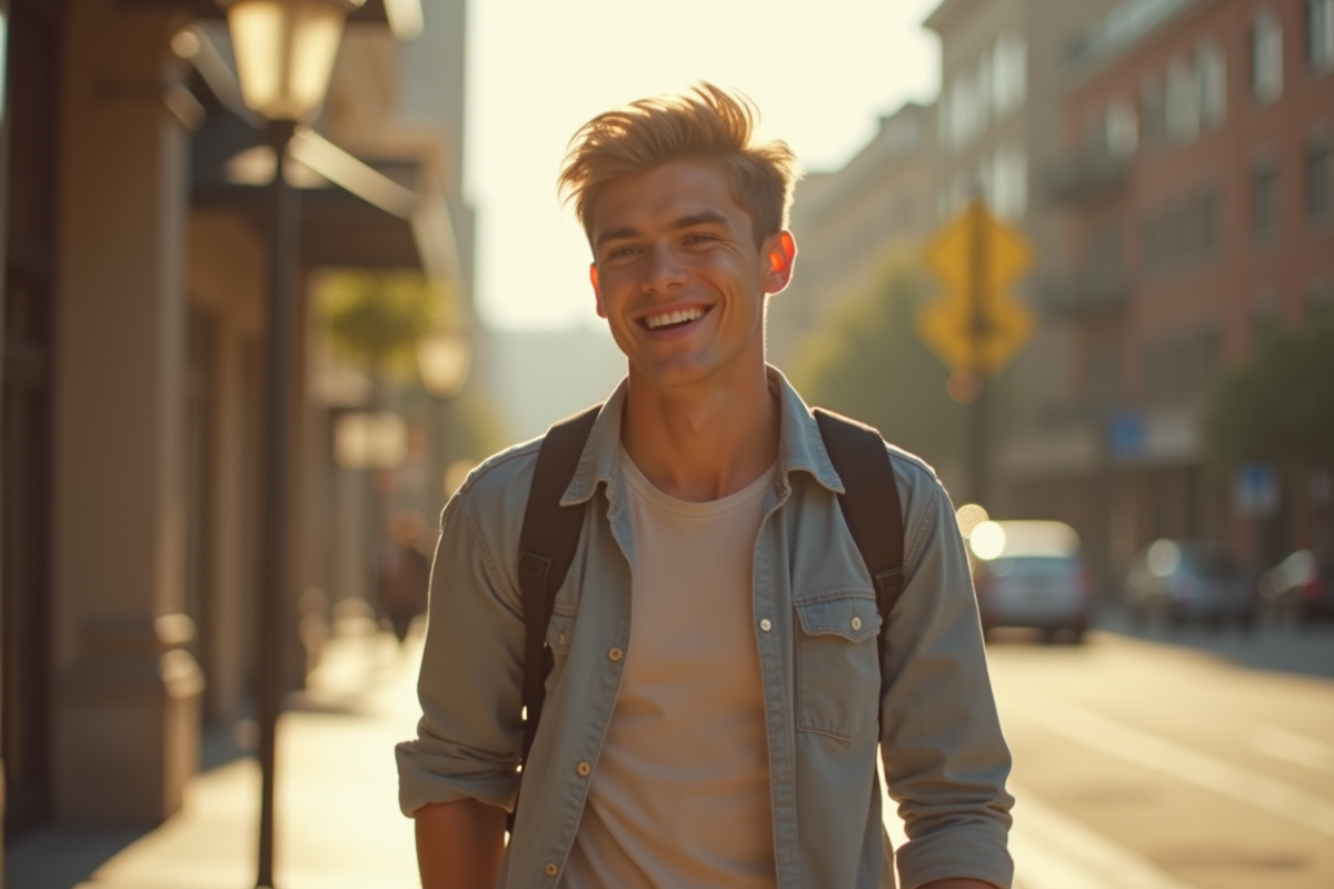 Jeune homme marchant dans la ville ensoleillée avec sourire