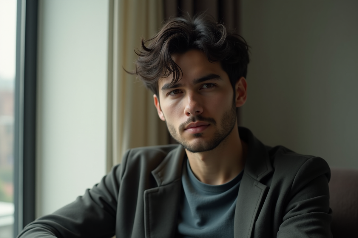 Jeune homme pensif près d'une grande fenêtre en lumière naturelle