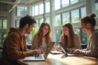 Groupe d'étudiants discutant avec ordinateurs dans un atrium lumineux