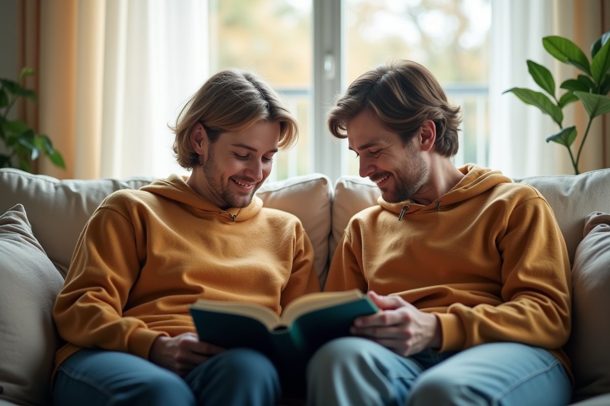 Jumeaux conjoins adultes lisant un livre dans un salon lumineux