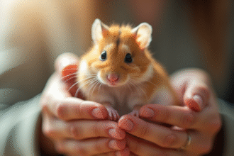 Personne tenant doucement un hamster doré sous lumière naturelle